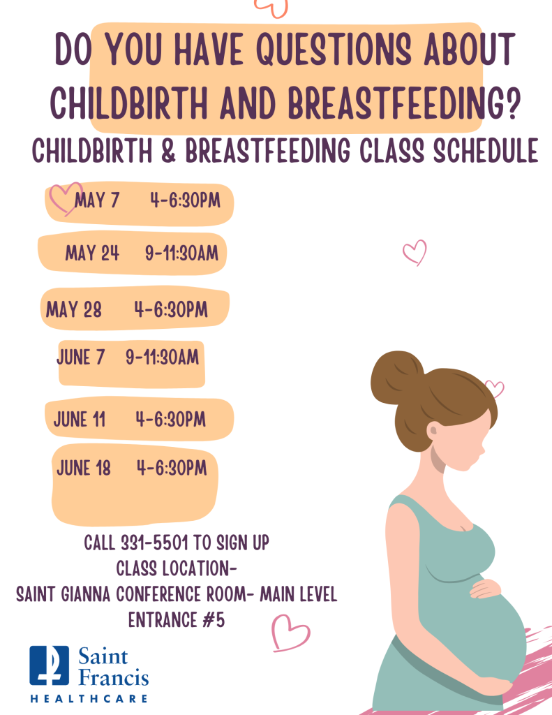 May and June Childbirth and Breastfeeding Class Schedule Flyer
