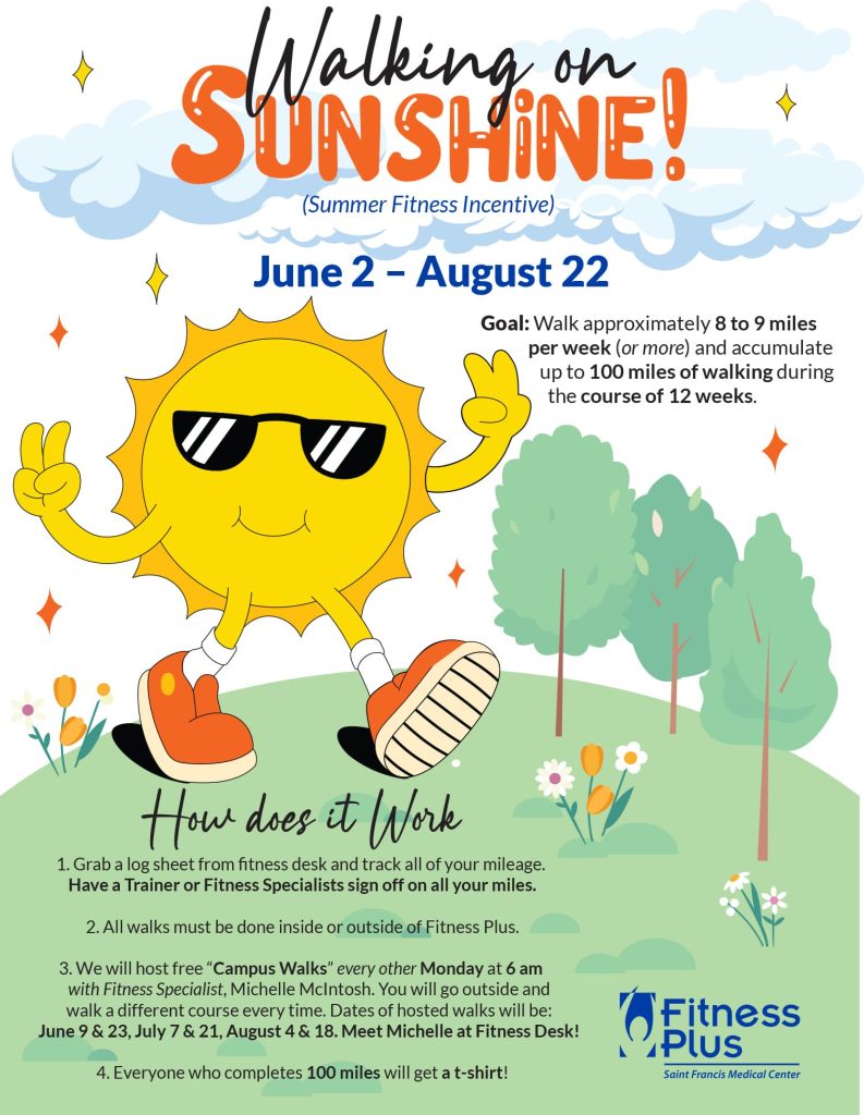 Walking on Sunshine Fitness Challenge. Goal: Walk approximately 8 to 9 miles
per week (or more) and accumulate
up to 100 miles of walking during
the course of 12 weeks.