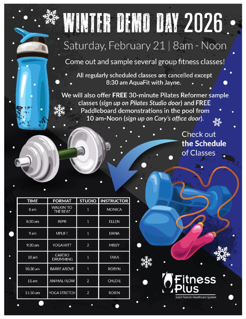 Come out on Saturday, February 21 from 8am - Noon and sample several group fitness classes! We will also offer FREE 30-minute Pilates Reformer sample classes (sign up on Pilates Studio door) and FREE Paddleboard demonstrations in the pool from 10 am-Noon (sign up on Cory's office door).