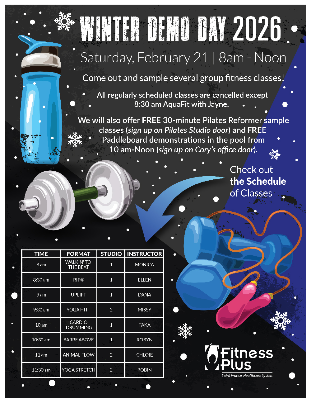 Come out on Saturday, February 21 from 8am - Noon and sample several group fitness classes! We will also offer FREE 30-minute Pilates Reformer sample classes (sign up on Pilates Studio door) and FREE Paddleboard demonstrations in the pool from 10 am-Noon (sign up on Cory's office door).