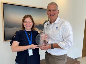Jimmy Wilferth accepts the 2022 Kasten Award for Saint Francis Healthcare System from Dr. Melissa Stickel, Community Partnership of Southeast Missouri.