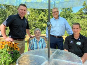 Doris Chitwood poses with Stacy Huff, Executive Director – Foundation; Tucker Davis, Saint Francis Foundation Board Member; and Craig Smith, Saint Francis Clinic Poplar Bluff Maintenance Supervisor