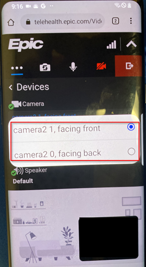 Step 5 in the MyChart mobile app, showing the front- and rear-facing camera setting