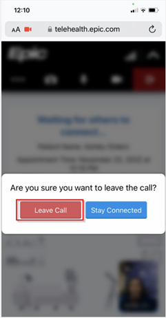 Step 6 in the MyChart mobile app, showing "Leave Call" button