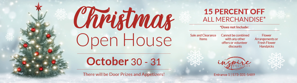 Inspire Boutique Christmas Open House - 15% off all merchandise October 30 & 31! Some items excluded, see store for details.