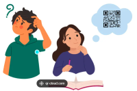 Cartoon figures think about a QR code
